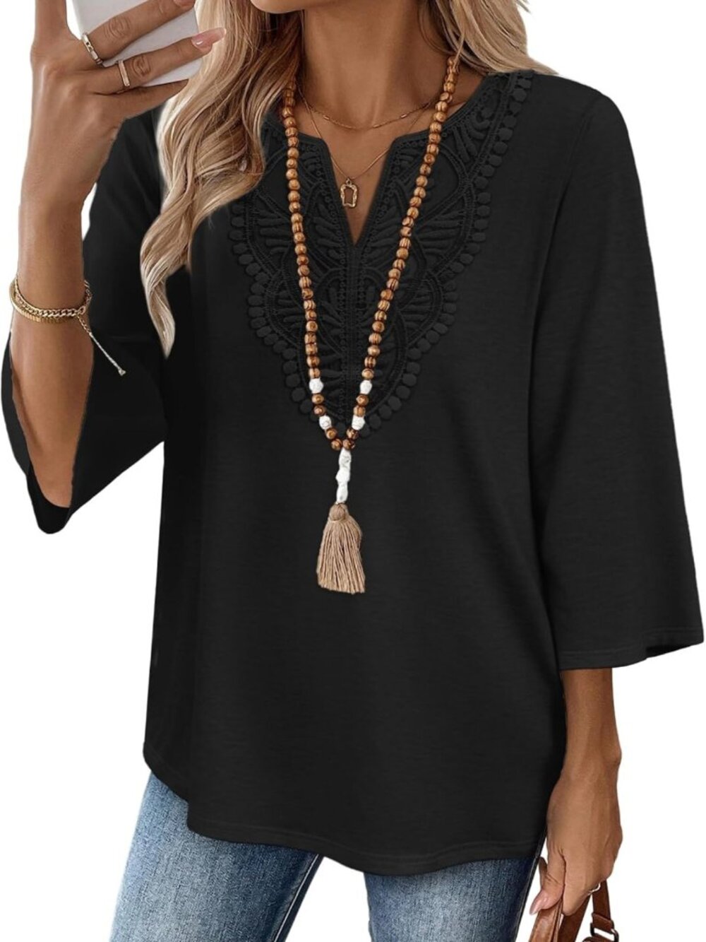 Boho V-Neck Lace Blouse for Women | Trendy 3/4 Sleeve Top | Dressy Casual